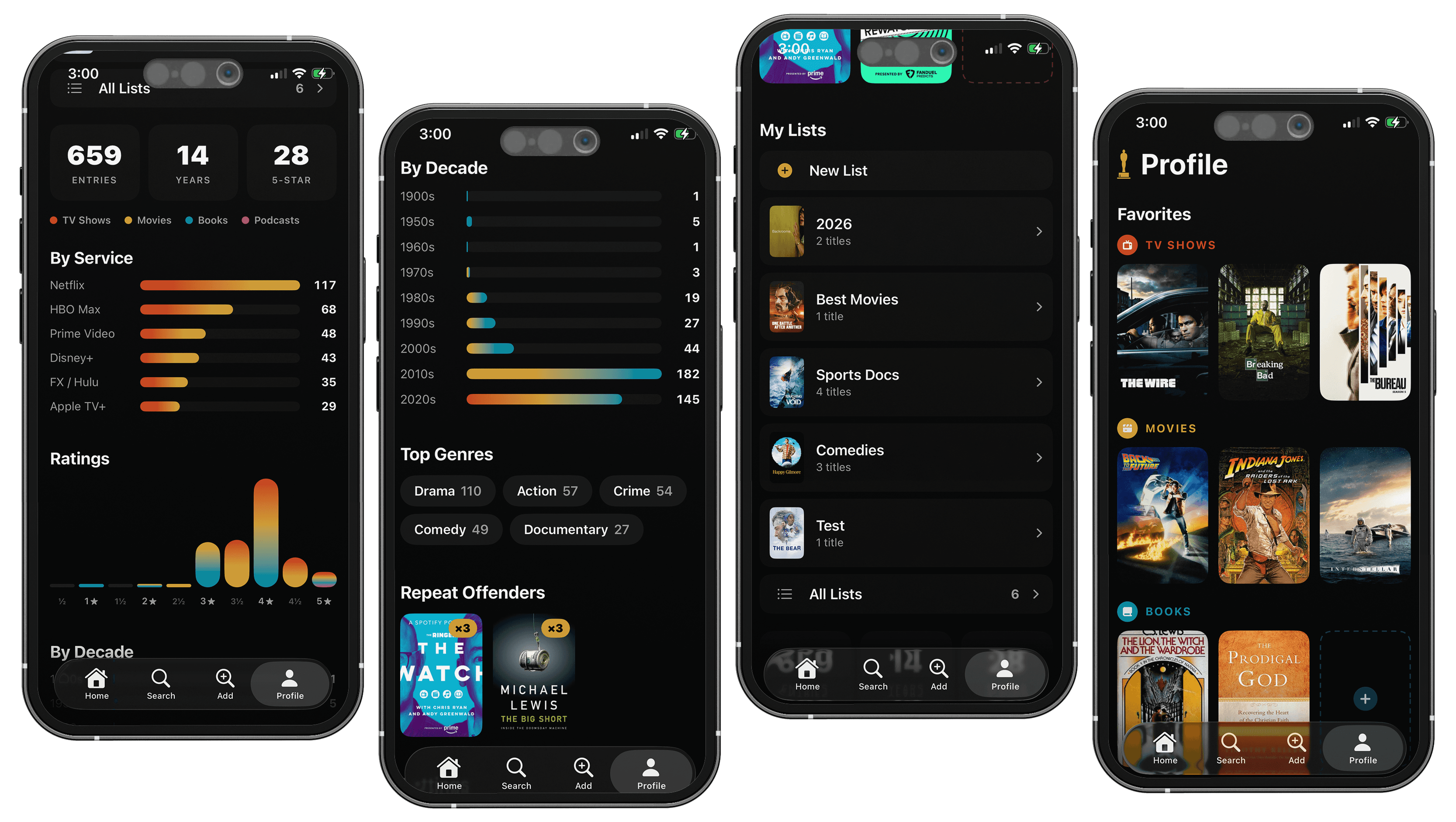 Stats, decade and genre charts, custom lists and favorites walls